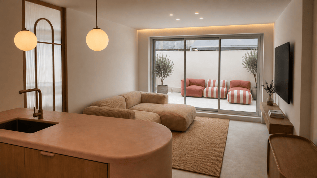 Vista de la cocina con barra rosa y taburetes de madera, salón con sofá beige y terraza con asientos rosas tras un gran ventanal.