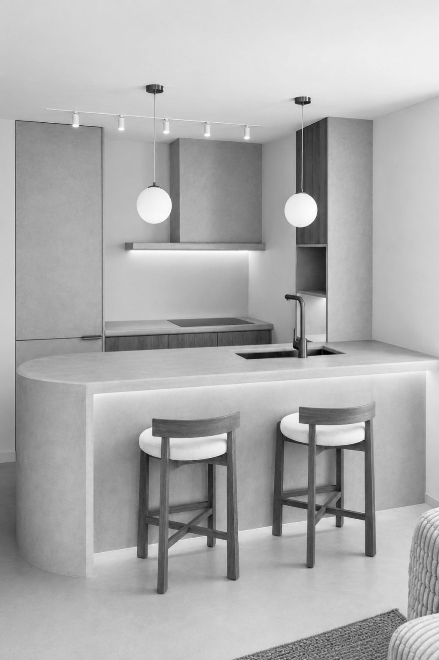 Cocina con barra rosa, muebles de madera, grifo dorado y dos taburetes de madera con asientos blancos.